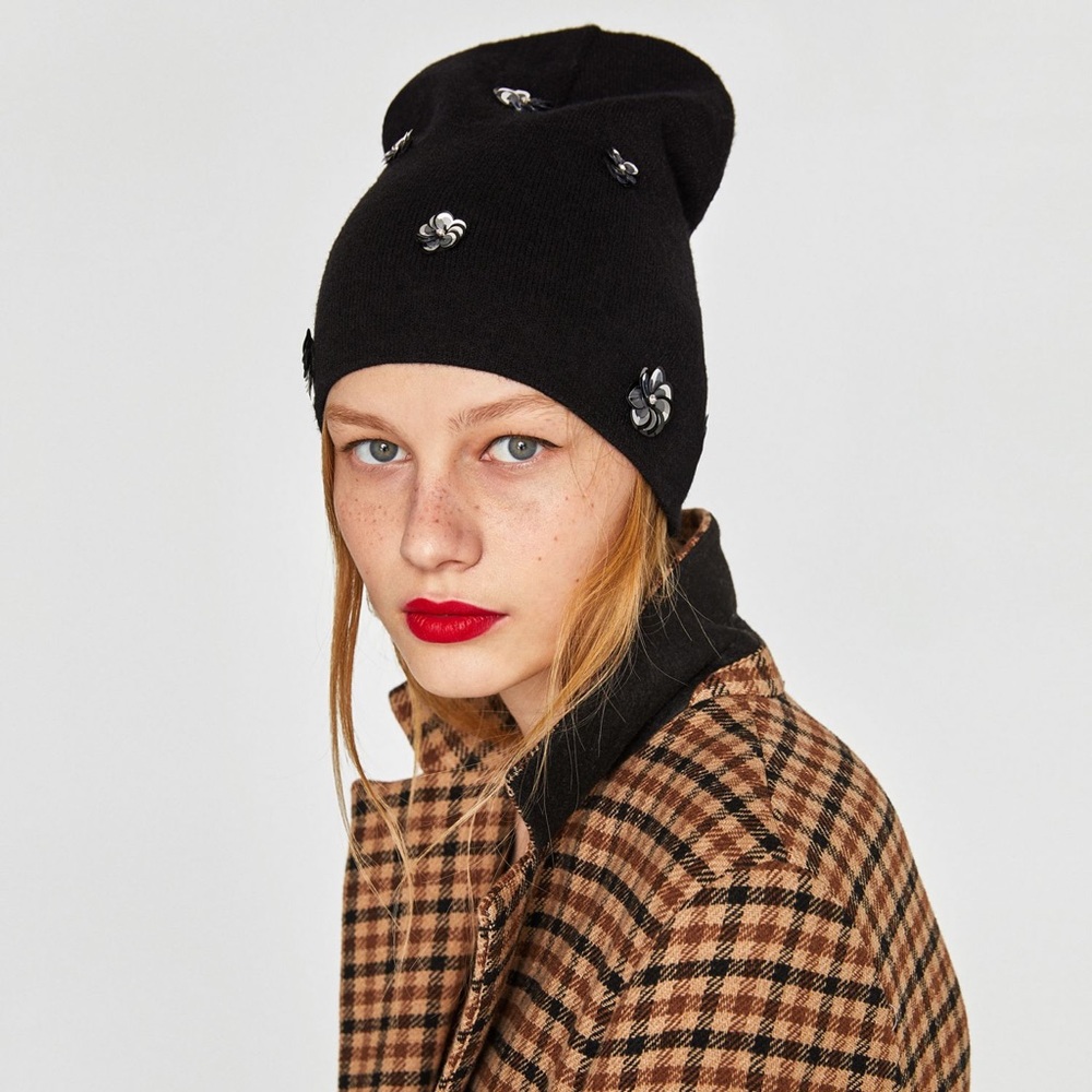 Zara Black Beanie with Silver Floral Embellishments